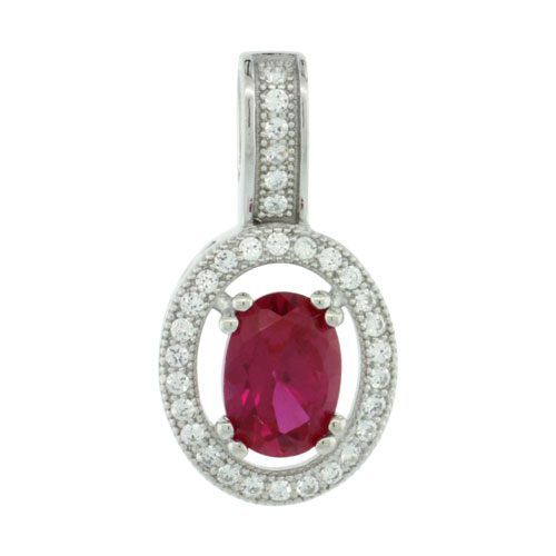 Sterling Silver Micro Pave Oval Pendant White Cubic Zirconia Centered w/ Pink Prong Set Stone
