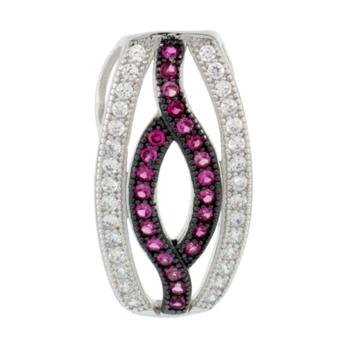 Sterling Silver Micro Pave Open Rectangular-shape Pendant White Cubic Zirconia Centered in Twisted Shape Pink Stones