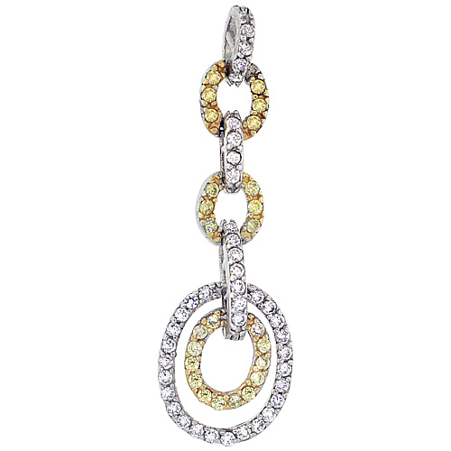 Sterling Silver Oval Links Micro Pave CZ Pendant Two Tone Finish, 1 11/16 inch long