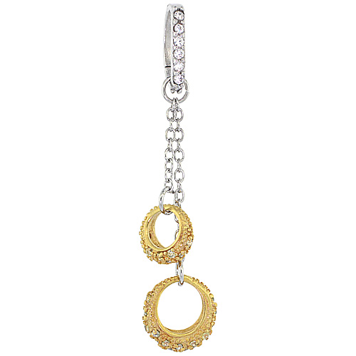 Sterling Silver Dangling Circles Micro Pave CZ Pendant Yellow Gold Finish, 1 7/8 inch in diameter
