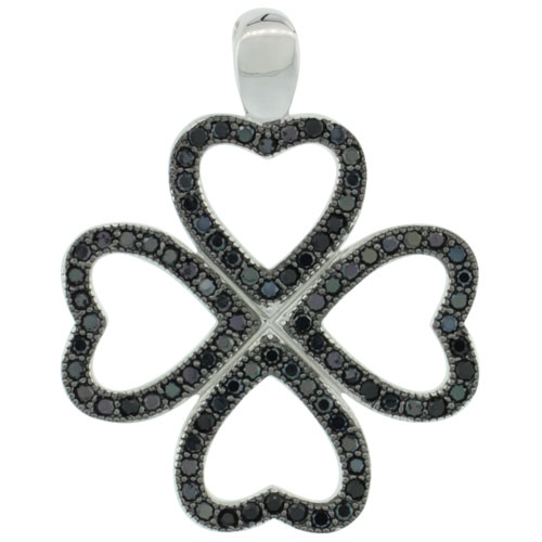 Sterling Silver Micro Pave Open Heart shaped Four Leaf Clover Pendant w/ Black Stones