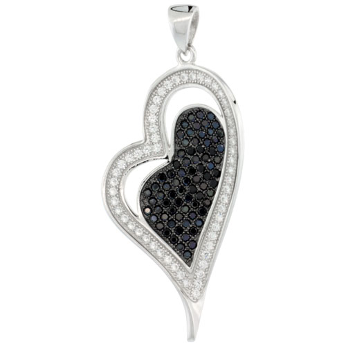 Sterling Silver Micro Pave Two Hearts In One Pendant w/ Black & White Stones