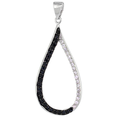 Sterling Silver Large Pear Shape Micro Pave CZ Pendant Black & White stones, 1 3/8 inch long