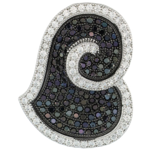 Sterling Silver Micro Pave Spiral Heart Pendant White Outline Centered w/ Black Stones