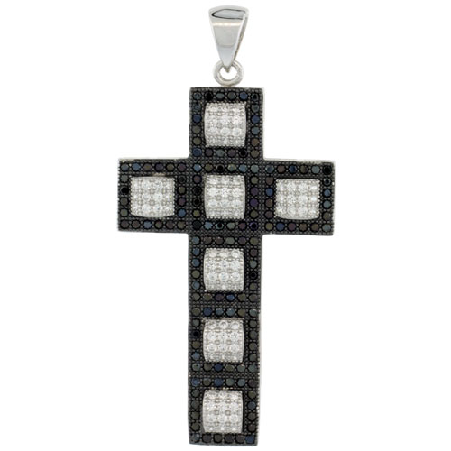 Sterling Silver Micro Pave Cross Pendant Outlined in Black & Centered in 7 White Square Box Stones