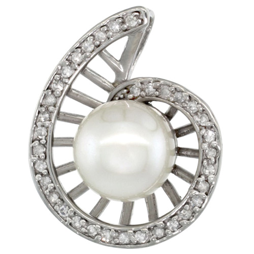 14k White Gold 18 in. Thin Chain & Swirl Pearl Pendant w/ 0.19 Carat Brilliant Cut ( H-I Color; VS2-SI1 Clarity ) Diamonds & 9mm White Pearl
