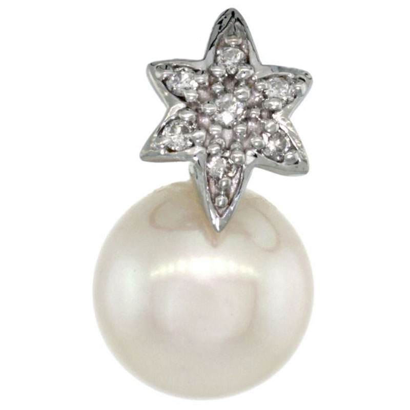 14k White Gold 18 in. Thin Chain & Flower Pearl Pendant w/ 0.07 Carat Brilliant Cut ( H-I Color; VS2-SI1 Clarity ) Diamonds & 9mm White Pearl