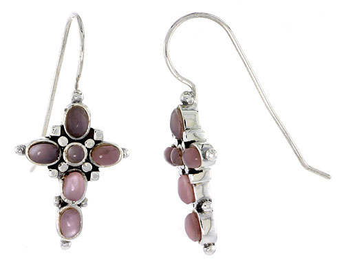 Sterling Silver Oxidized Cross Earrings, w/ 2mm Round & Five 4 x 3 mm Oval-shaped Pink Mother of Pearls, 7/8" (23 mm) tall
