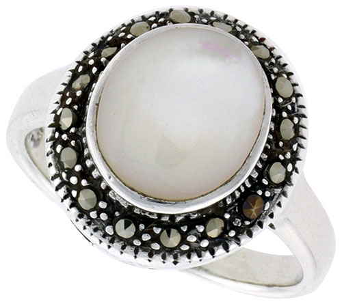 Sterling Silver Ring, w/ 10mm Round-shaped Mother of Pearl, 5/8 inch (15 mm) wide