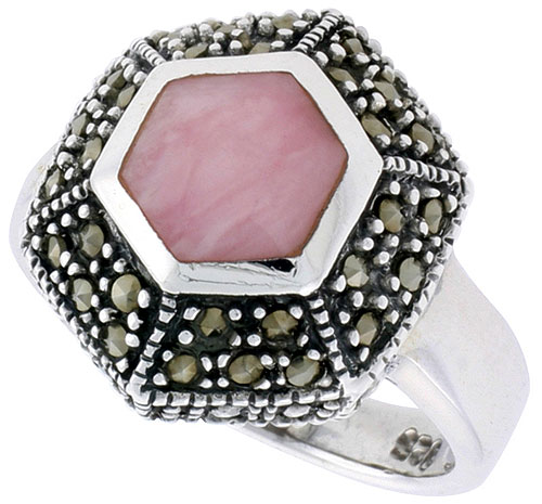 Sterling Silver Ring, w/ Hexagon-shaped Pink Mother of Pearl, 3/4 inch (18 mm) wide