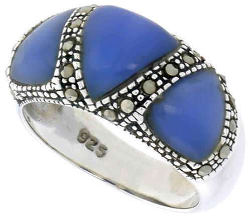 Sterling Silver Ring, w/ 3 Triangular Blue Resin, 3/8 inch (10 mm) wide