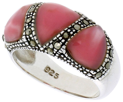 Sterling Silver Ring, w/ 3 Triangular Pink Mother of Pearls, 3/8 inch (10 mm) wide