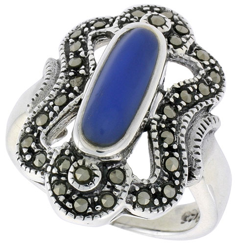 Sterling Silver Ring, w/ 12 x 5 Oval-shaped Blue Resin, 7/8 inch (23 mm) wide