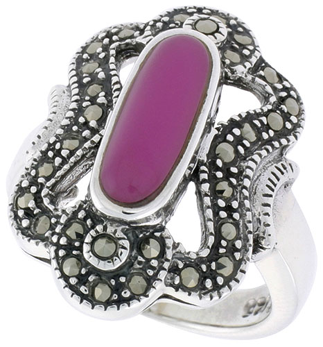 Sterling Silver Ring, w/ 12 x 5 Oval-shaped Purple Resin, 7/8 inch (23 mm) wide