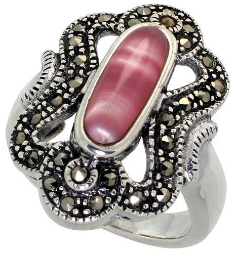 Sterling Silver Ring, w/ 12 x 5 Oval-shaped Pink Mother of Pearl, 7/8 inch (23 mm) wide