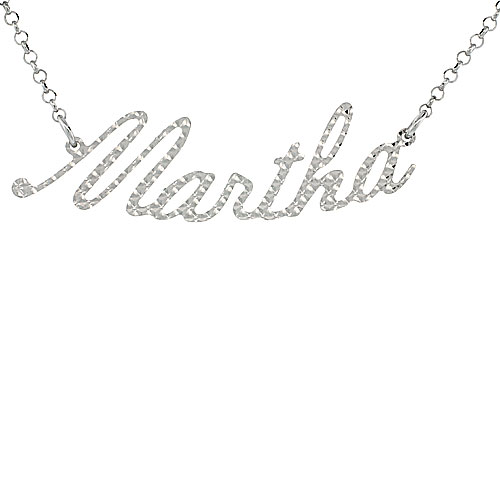Sterling Silver MARTHA Name Necklace Diamond Cut Finish Italy, 16 inch + 2 inch extention