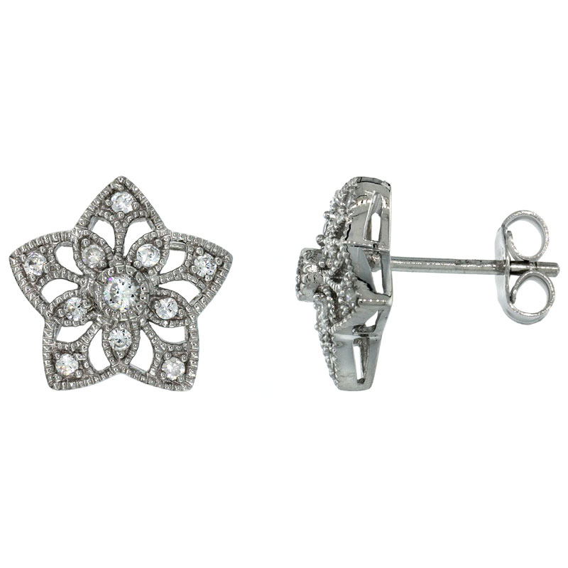 Sterling Silver Floral Star Post Earrings w/ Brilliant Cut CZ Stones, 1/2 in. (12 mm)