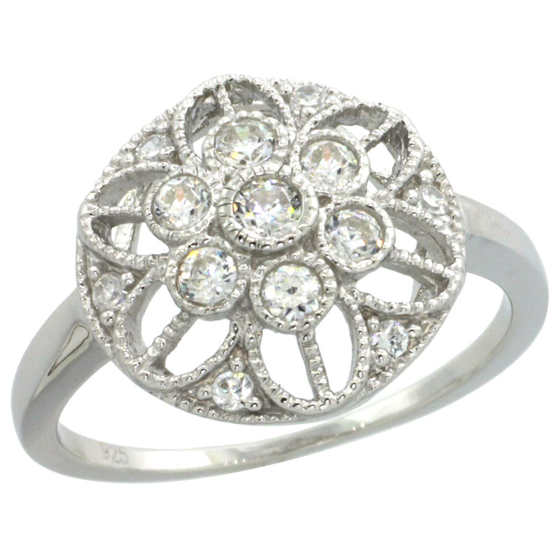 Sterling Silver Floral Flower Cut Outs Ring w/ Brilliant Cut CZ Stones, 1/2 in. (13 mm) wide
