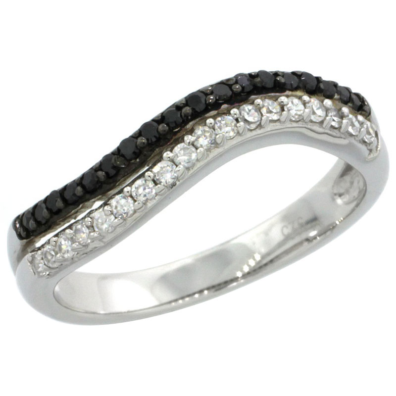 Sterling Silver Double Wire Wavy Ring w/ Brilliant Cut Clear & Black CZ Stones, 5/32 in. (4 mm) wide