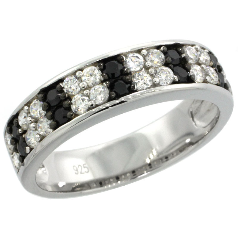 Sterling Silver 2-Row Flat Ring Band w/ Brilliant Cut Clear & Black CZ Stones, 3/16 in. (5 mm) wide
