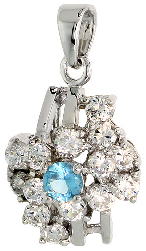 Sterling Silver Blue Topaz Cubic Zirconia Cocktail Pendant Rhodium finish, 1/2 inch long