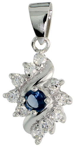 Sterling Silver Blue Sapphire Cubic Zirconia Pendant Diamond Shape Rhodium finish, 1/2 inch long