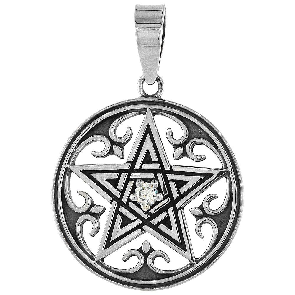 Sterling Silver Fleur De Lis Pentagram Necklace White CZ, 1 1/8 inch tall