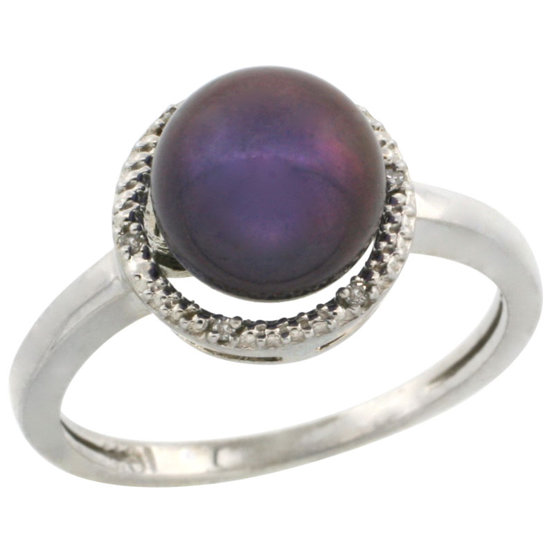 14k White Gold Halo Engagement 8.5 mm Black Pearl Ring w/ 0.022 Carat Brilliant Cut Diamonds, 7/16 in. (11mm) wide