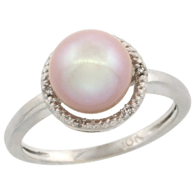 10k White Gold Halo Engagement 8.5 mm Pink Pearl Ring w/ 0.022 Carat Brilliant Cut Diamonds, 7/16 in. (11mm) wide