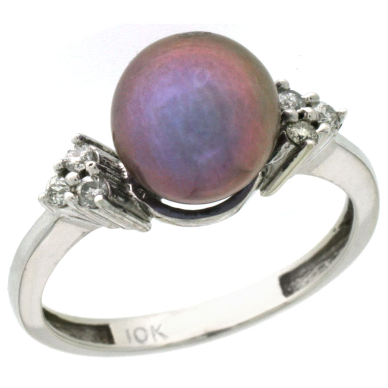 14k White Gold 8.5 mm Pink Pearl Ring w/ 0.105 Carat Brilliant Cut Diamonds, 7/16 in. (11mm) wide