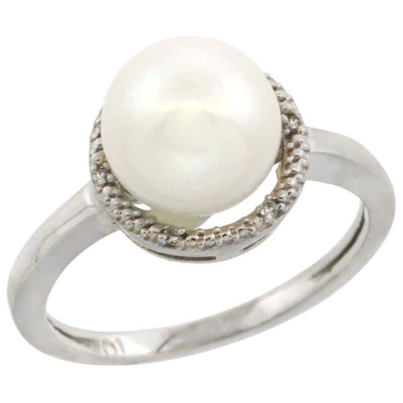 14k White Gold Halo Engagement 8.5 mm White Pearl Ring w/ 0.022 Carat Brilliant Cut Diamonds, 7/16 in. (11mm) wide