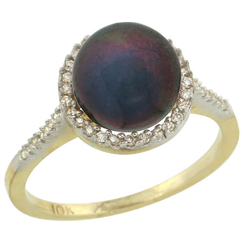 14k Gold Halo Engagement 8.5 mm Black Pearl Ring w/ 0.146 Carat Brilliant Cut Diamonds, 7/16 in. (11mm) wide