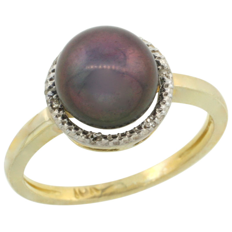 14k Gold Halo Engagement 8.5 mm Black Pearl Ring w/ 0.022 Carat Brilliant Cut Diamonds, 7/16 in. (11mm) wide