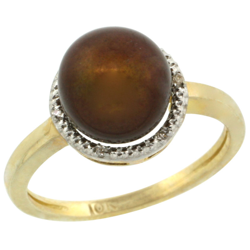 14k Gold Halo Engagement 8.5 mm Brown Pearl Ring w/ 0.022 Carat Brilliant Cut Diamonds, 7/16 in. (11mm) wide