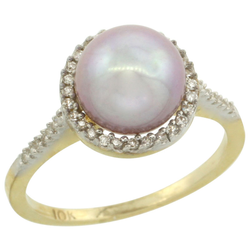 14k Gold Halo Engagement 8.5 mm Pink Pearl Ring w/ 0.146 Carat Brilliant Cut Diamonds, 7/16 in. (11mm) wide