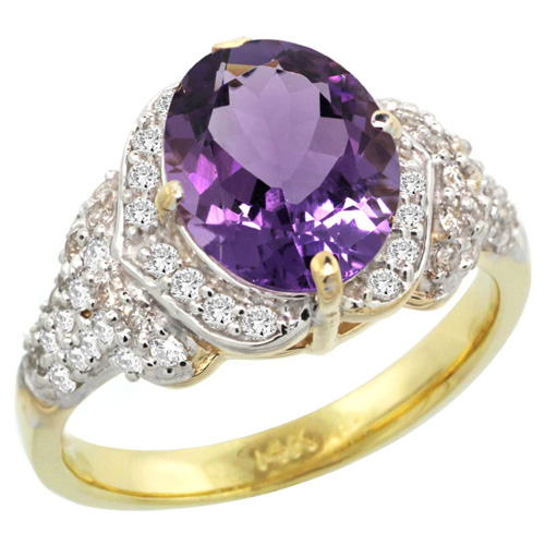 14k Gold Natural Amethyst Ring 10x8 mm Oval Shape Diamond Halo, 1/2 inch wide 