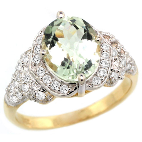 14k Gold Natural Green Amethyst Ring 10x8 mm Oval Shape Diamond Halo, 1/2 inch wide 