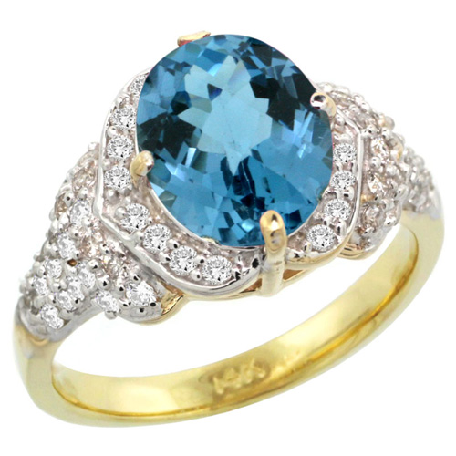 14k Gold Natural London Blue Topaz Ring 10x8 mm Oval Shape Diamond Halo, 1/2 inch wide 