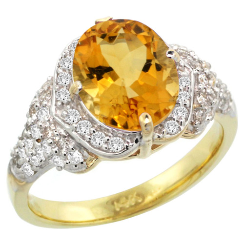 14k Gold Natural Citrine Ring 10x8 mm Oval Shape Diamond Halo, 1/2 inch wide 