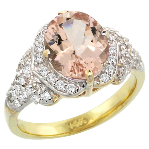 14k Gold Natural Morganite Ring 10x8 mm Oval Shape Diamond Halo, 1/2 inch wide 