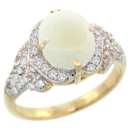 14k Gold Natural Opal Ring 10x8 mm Oval Shape Diamond Halo, 1/2 inch wide 