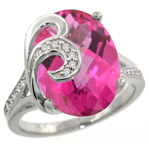 14k White Gold Natural Pink Topaz Ring 16x12 mm Oval Shape Diamond Accent, 5/8 inch wide 