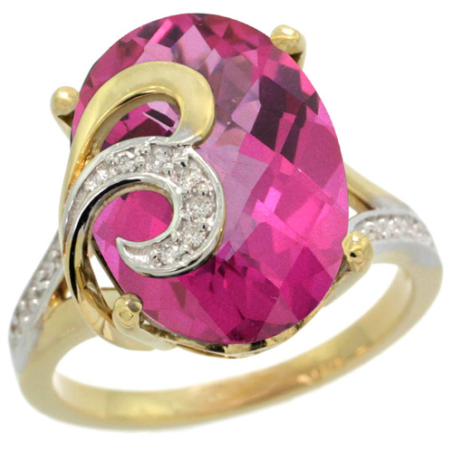 14k Gold Natural Pink Topaz Ring 16x12 mm Oval Shape Diamond Accent, 5/8 inch wide 