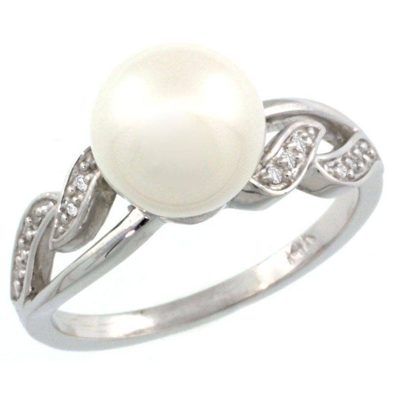 14k White Gold Wavy Pearl Ring w/ 0.043 Carat Brilliant Cut ( H-I Color; VS2-SI1 Clarity ) Diamonds & 9mm White Pearl, 11/32 in. (9mm) wide