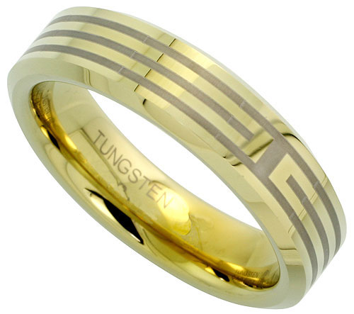 6mm Gold Tungsten Ring Flat Wedding Band 3 Etched Stripes Beveled Edge Comfort fit, sizes 5 to 14