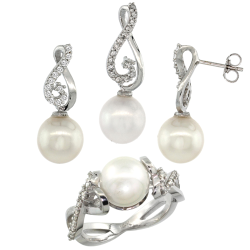 14k White Gold Heart-shaped Loop Pearl Ring, Earrings & Necklace Set w/ 0.72 Carat Brilliant Cut ( H-I Color; VS2-SI1 Clarity ) 
