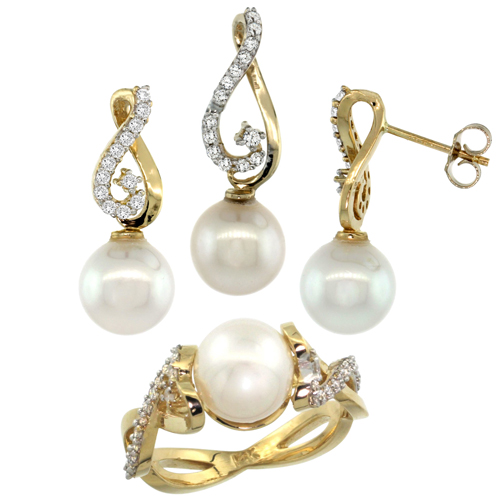 14k Gold Heart-shaped Loop Pearl Ring, Earrings & Necklace Set w/ 0.72 Carat Brilliant Cut ( H-I Color; VS2-SI1 Clarity ) Diamon