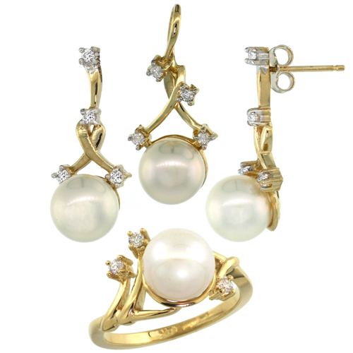 14k Gold Diamond Vine Pearl Ring, Earrings & Necklace Set w/ 0.295 Carat Brilliant Cut ( H-I Color; VS2-SI1 Clarity ) Diamonds &