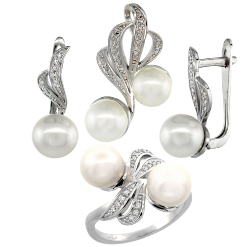 14k White Gold Ribbon Pearl Ring, Earrings & Necklace Set w/ 0.22 Carat Brilliant Cut ( H-I Color; VS2-SI1 Clarity ) Diamonds & 