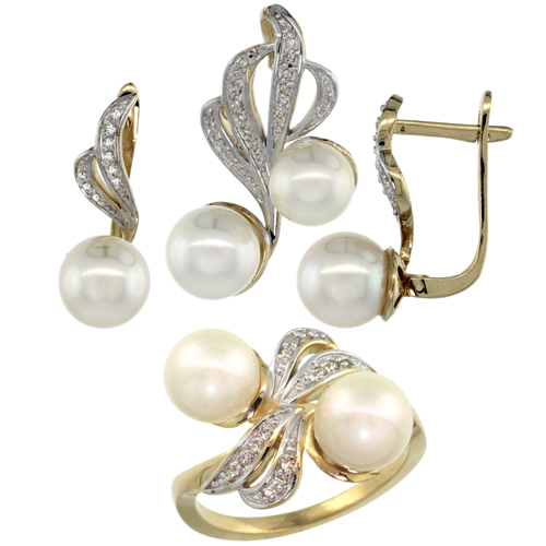 14k Gold Ribbon Pearl Ring, Earrings & Necklace Set w/ 0.22 Carat Brilliant Cut ( H-I Color; VS2-SI1 Clarity ) Diamonds & 8-9mm 